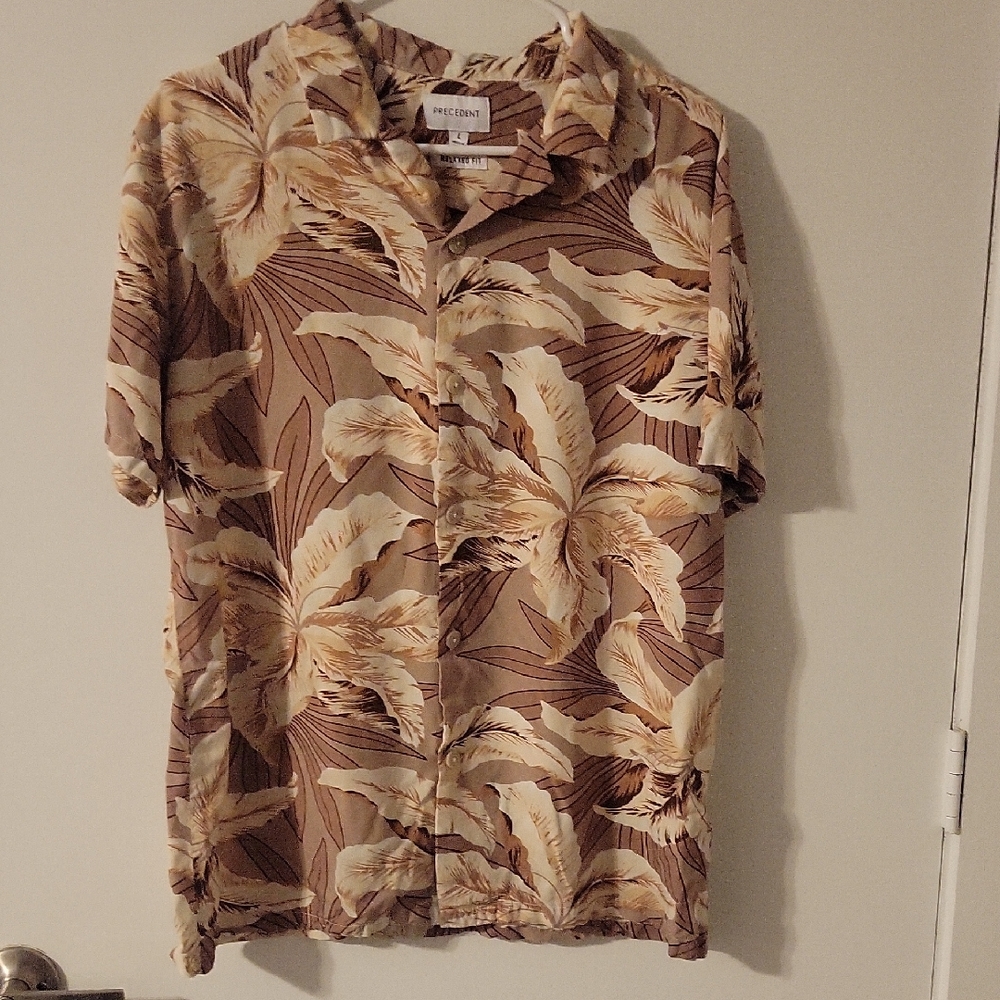 Elle Men’s Short-Sleeve Tropical Button-Down Shirt - Brown & Cream